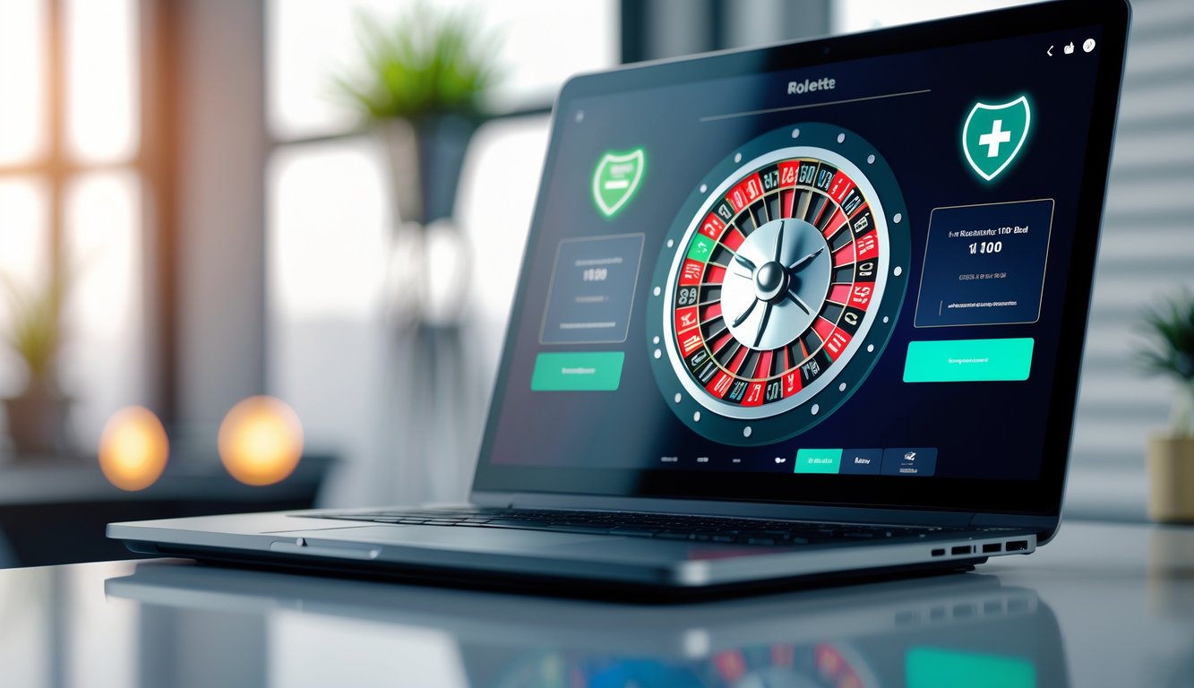 Sebuah layar komputer menampilkan roda roulette digital berwarna cerah di meja kerja yang bersih dan terang.