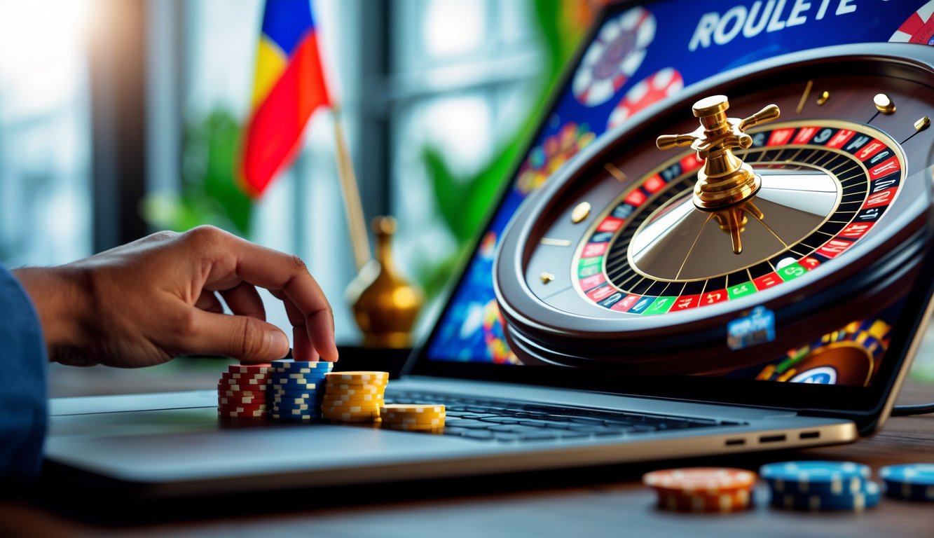 Seorang pemain sedang memasang chip pada meja roulette digital di depan layar komputer dengan latar belakang elemen yang mewakili Indonesia.