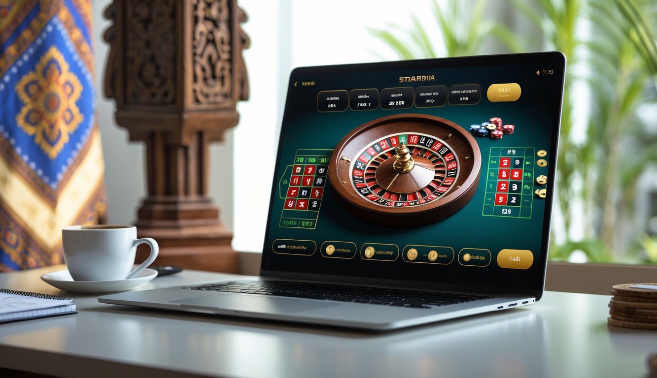 Seorang pengguna laptop dengan tampilan permainan roulette online di layar, dikelilingi elemen budaya Indonesia seperti kain batik dan ukiran kayu.