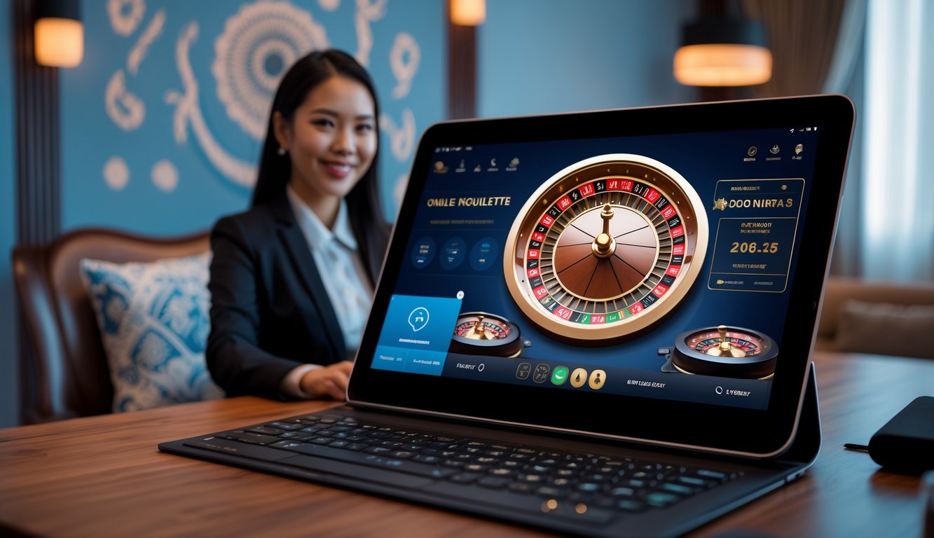 Seorang dealer live yang ramah sedang bermain roulette online di depan layar komputer dengan roda roulette digital yang terlihat jelas.