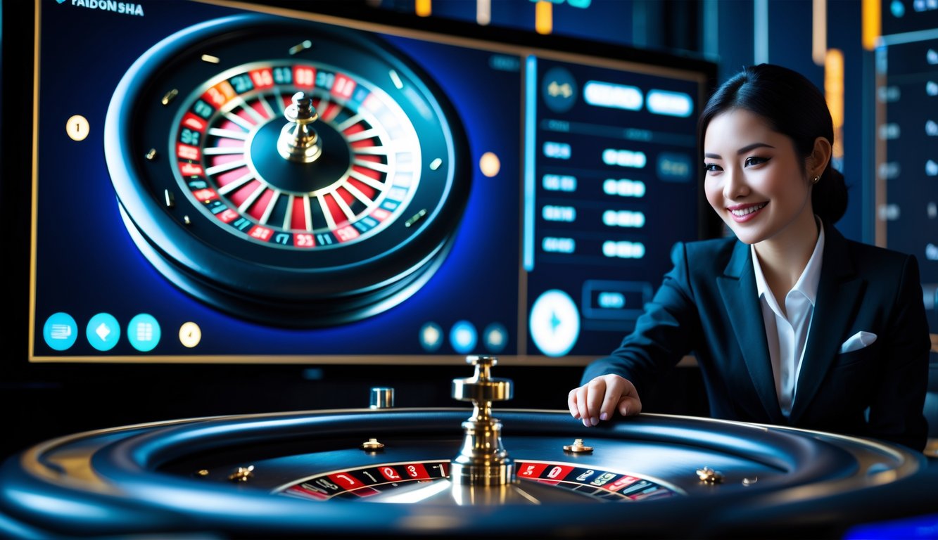Seorang dealer live profesional sedang berada di depan layar besar yang menampilkan roda roulette digital, dengan suasana yang modern dan aman untuk permainan roulette online terpercaya.