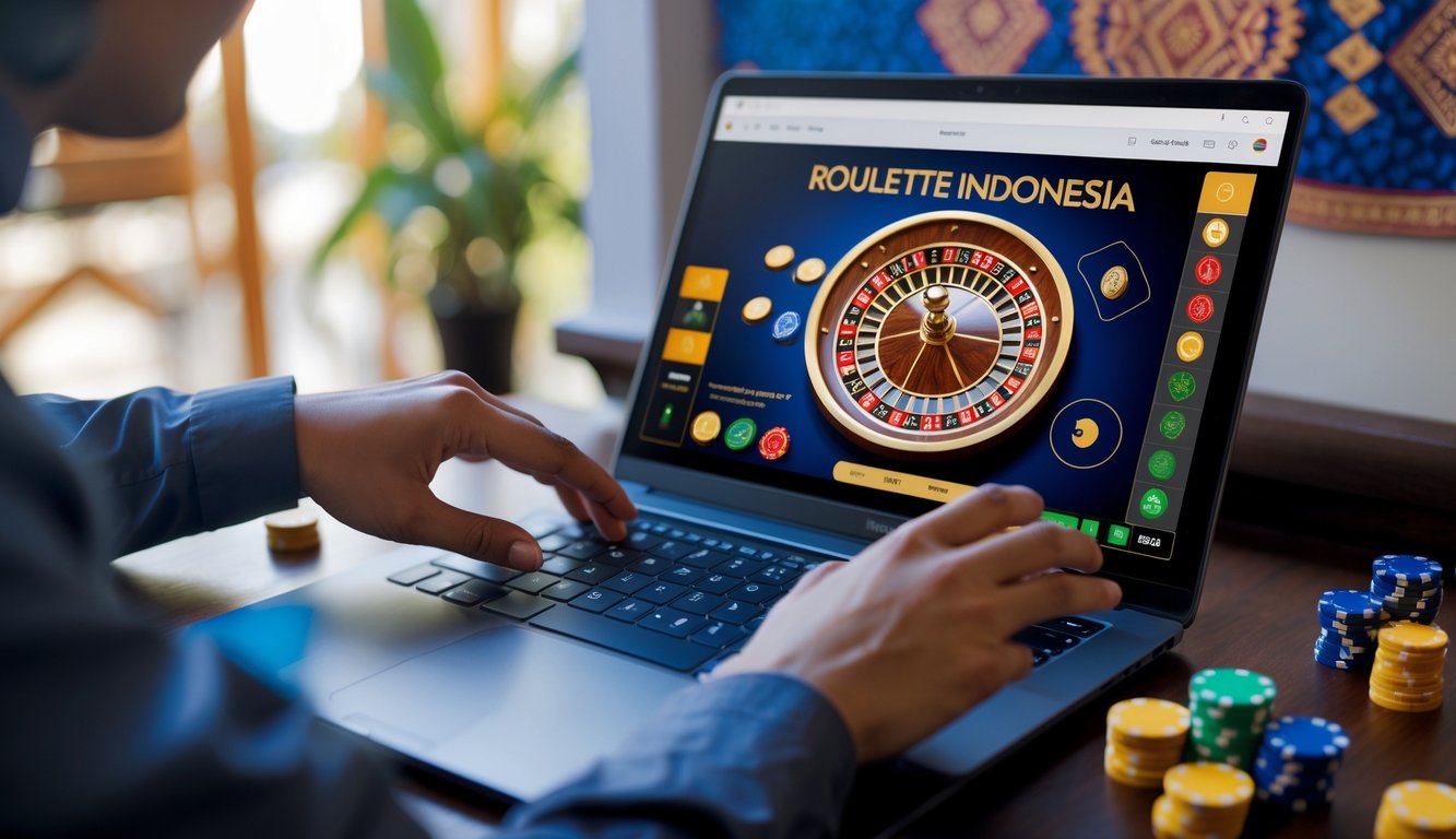 Seseorang bermain roulette online di depan layar komputer dengan roda roulette dan chip taruhan, dengan latar belakang yang menunjukkan unsur budaya Indonesia.