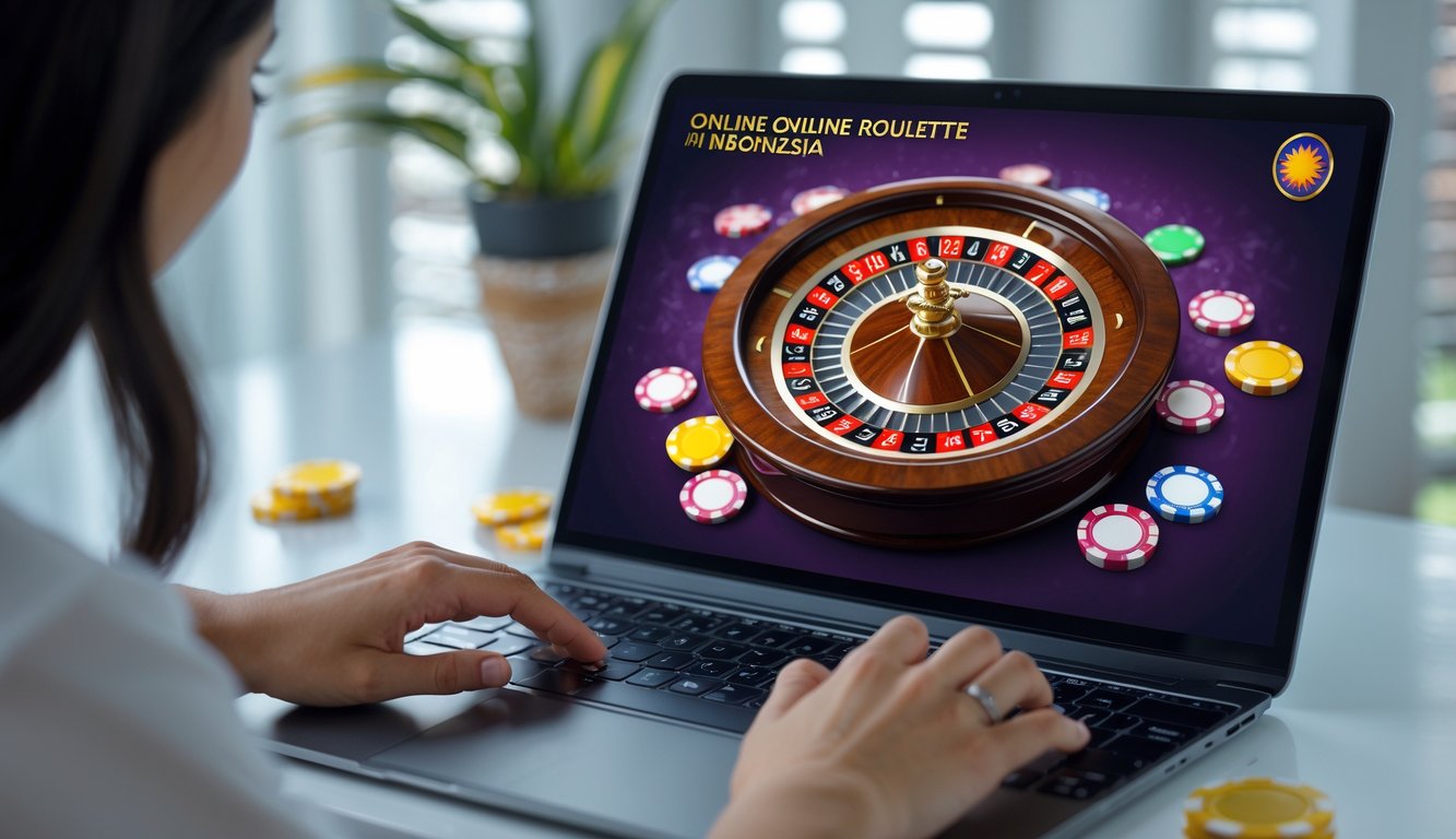 Seseorang bermain game roulette online dengan laptop di meja yang bersih dan latar belakang dengan elemen budaya Indonesia.