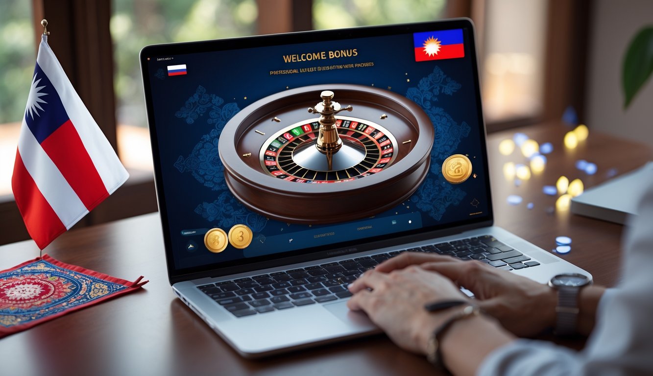 Tampilan laptop dengan permainan roulette online dan elemen khas Indonesia di sekitarnya.