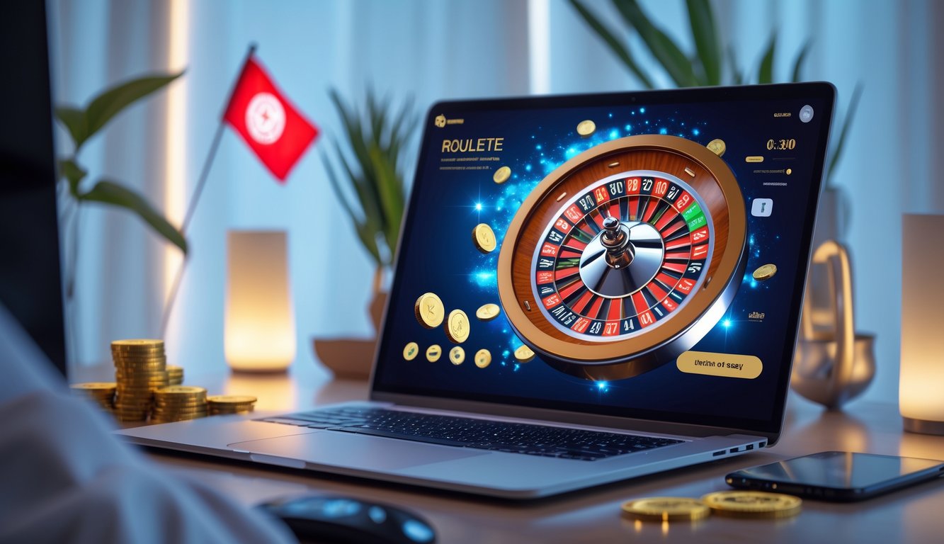 Sebuah adegan permainan roulette online dengan roda roulette berwarna cerah pada layar komputer di lingkungan digital modern dan elegan.