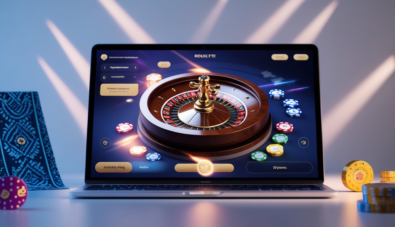 Layar perangkat menampilkan permainan roulette online dengan roda roulette yang berputar dan elemen budaya Indonesia di latar belakang.