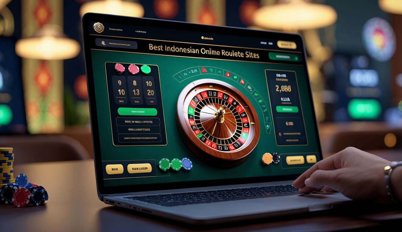 Sebuah meja permainan roulette online dengan layar komputer menampilkan roda roulette warna-warni di lingkungan yang modern dan elegan.