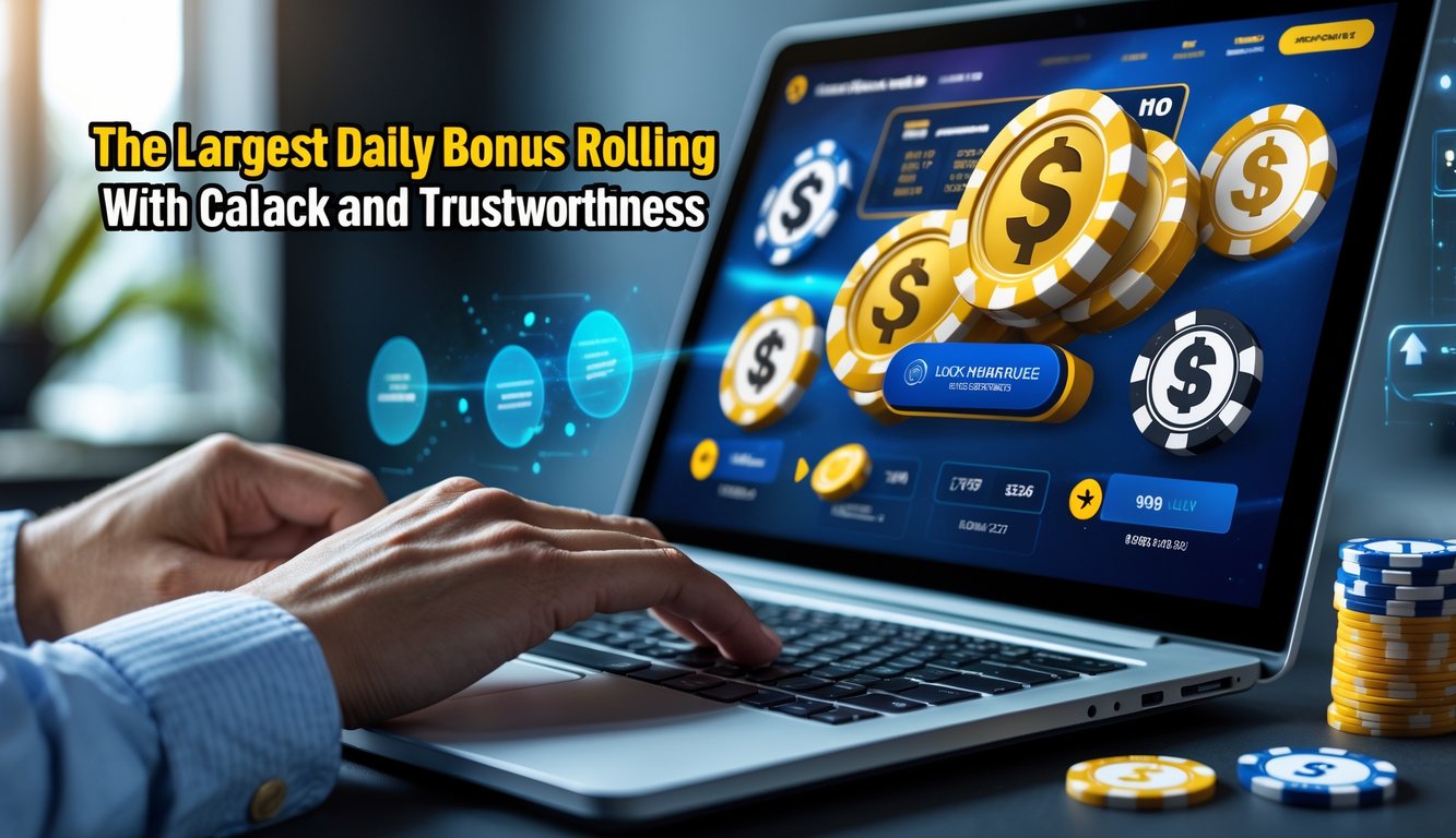 Seseorang menggunakan komputer dengan permainan poker online di layar, dikelilingi oleh chip poker dan simbol keuangan.