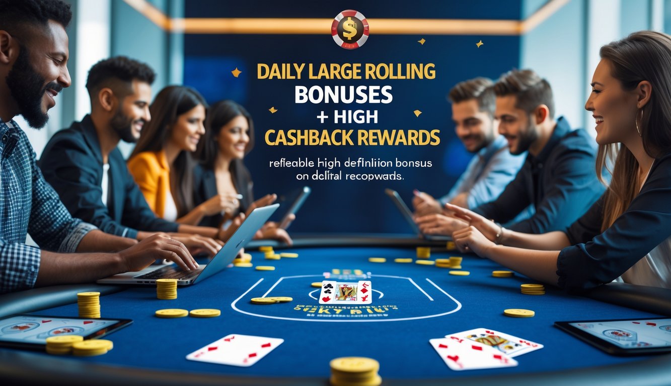 Sekelompok orang bermain poker online menggunakan perangkat digital di lingkungan modern dengan suasana yang dinamis dan profesional.