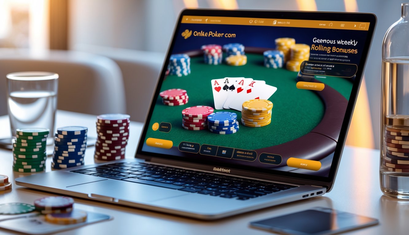 Seorang pemain poker online menggunakan komputer dengan tumpukan chip poker dan kartu di meja.