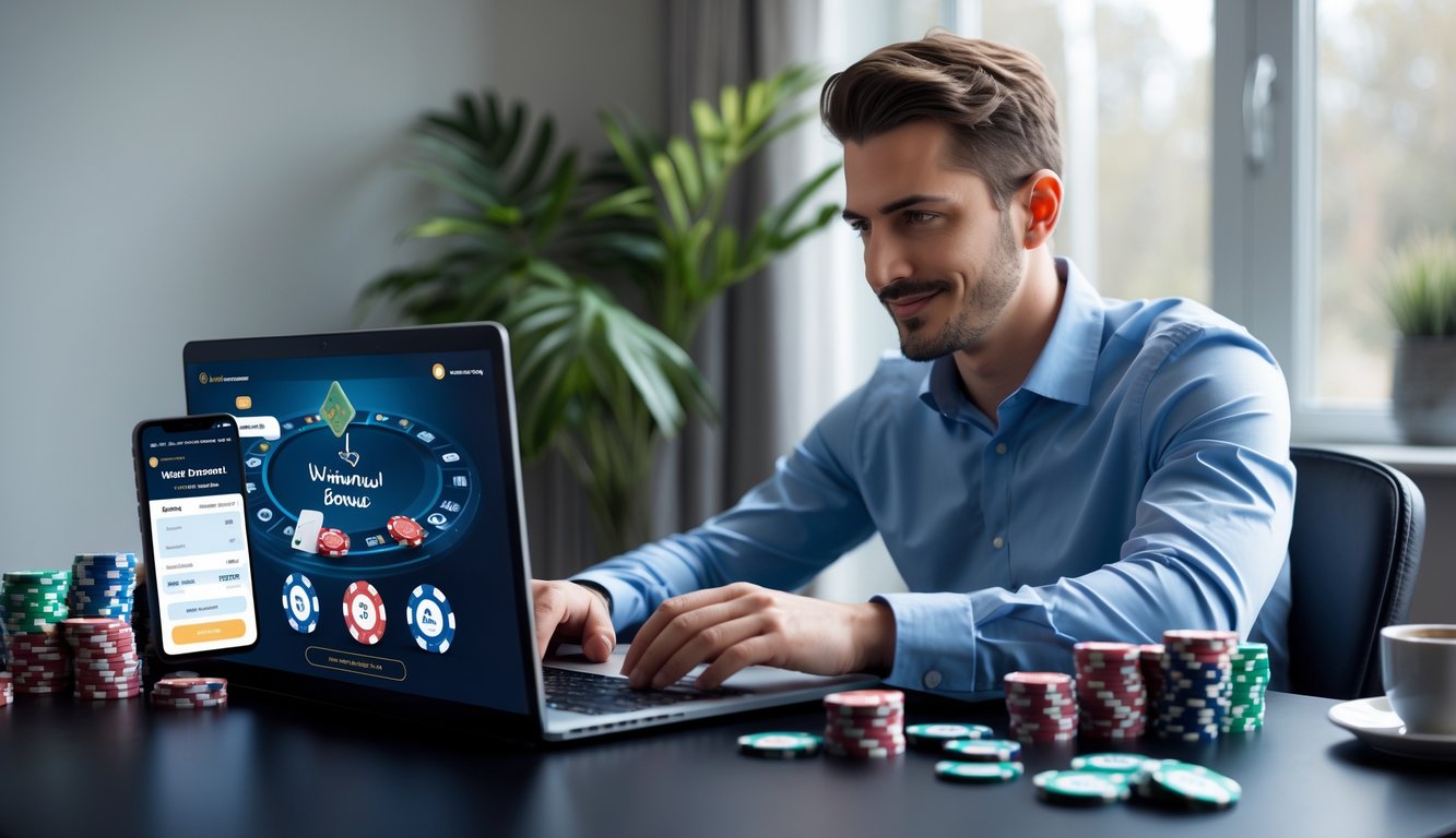 Seorang pria duduk di meja dengan laptop menampilkan permainan poker online, di sekitarnya terdapat tumpukan chip poker dan ponsel dengan konfirmasi penarikan uang.