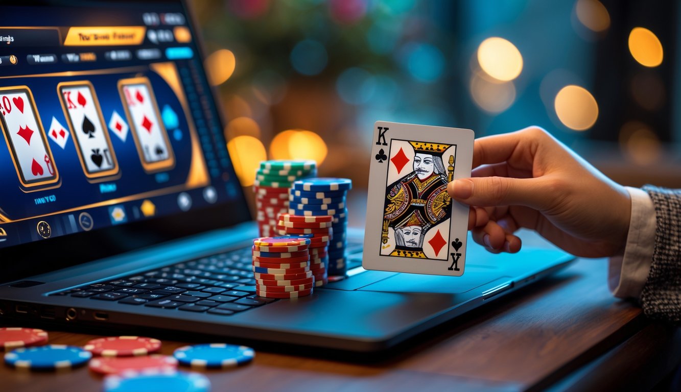 Seseorang memainkan poker online dengan laptop dan tumpukan chip poker di atas meja.