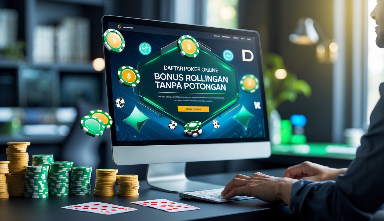 Seseorang menggunakan laptop dengan tampilan permainan poker online dan chip poker di meja yang rapi.