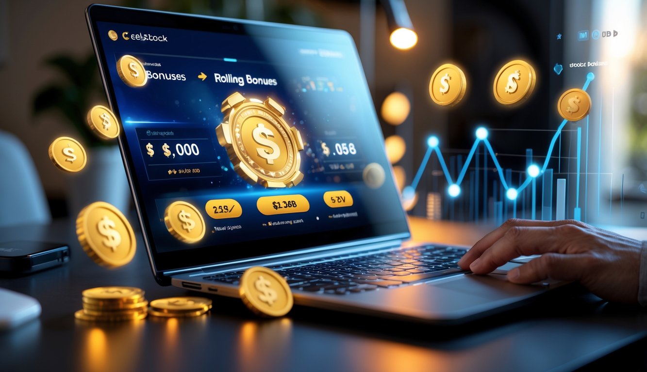 Seorang pemain poker online menggunakan laptop di meja kerja dengan latar belakang ruangan yang nyaman dan pencahayaan hangat.