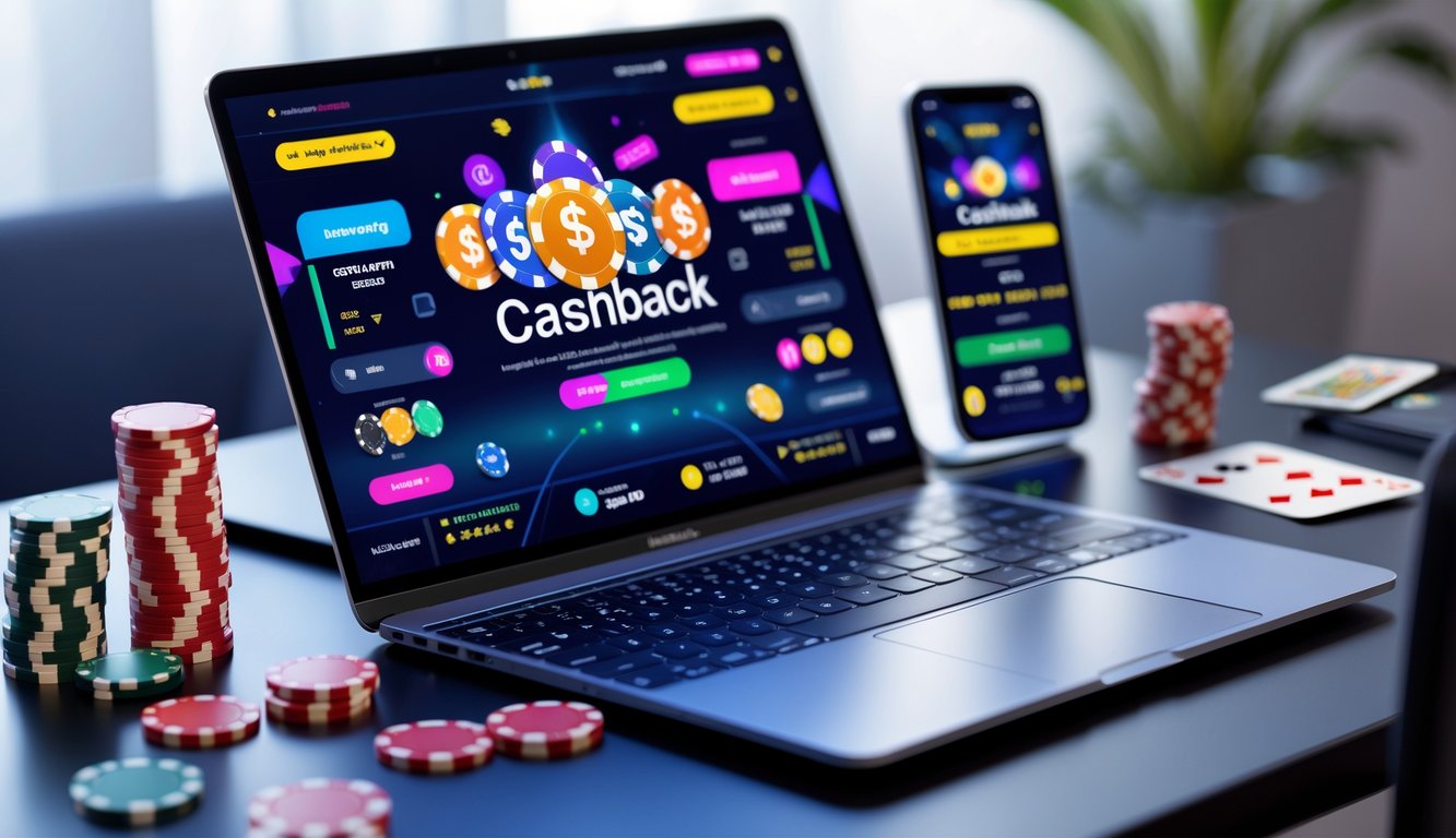 Sebuah meja dengan komputer menampilkan permainan poker online dan chip poker serta kartu di sekitarnya.