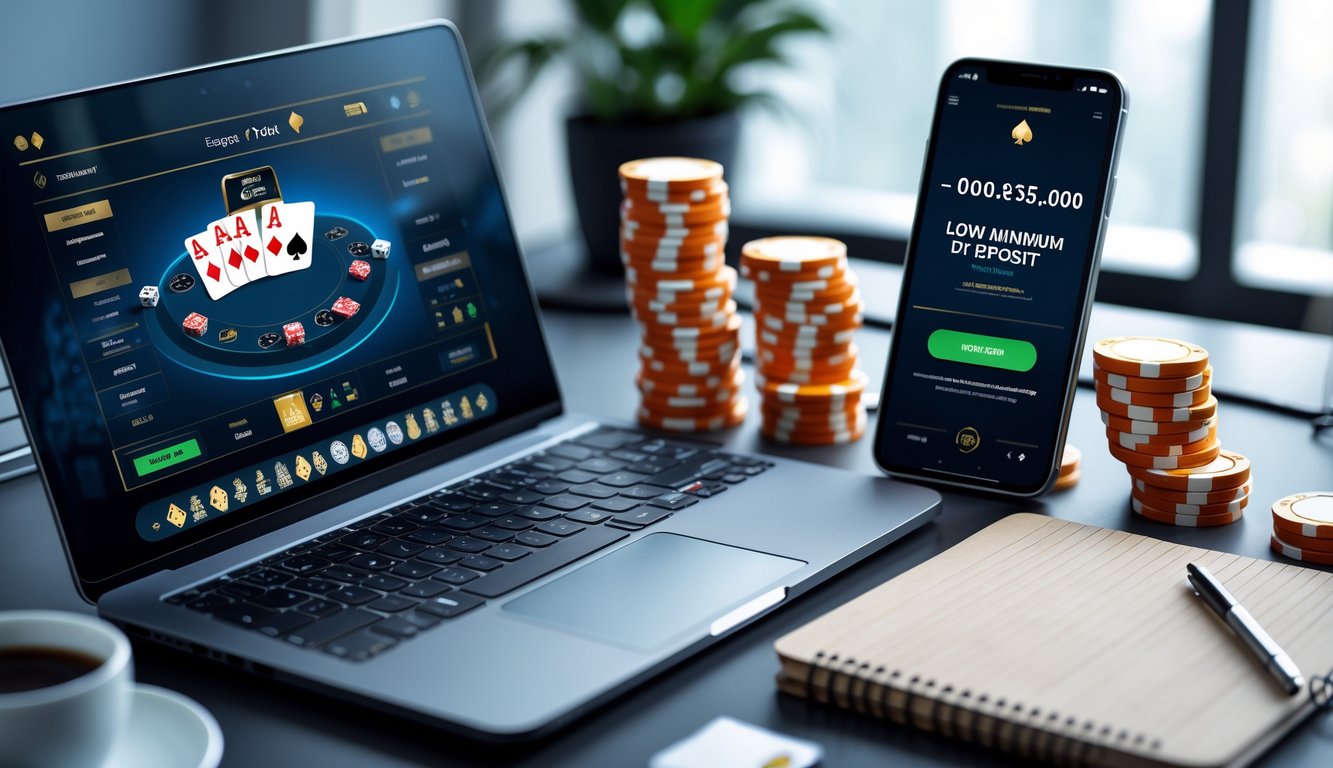 Seorang pemain poker online menggunakan laptop dan smartphone di meja kerja yang rapi dengan tumpukan chip poker di sampingnya.