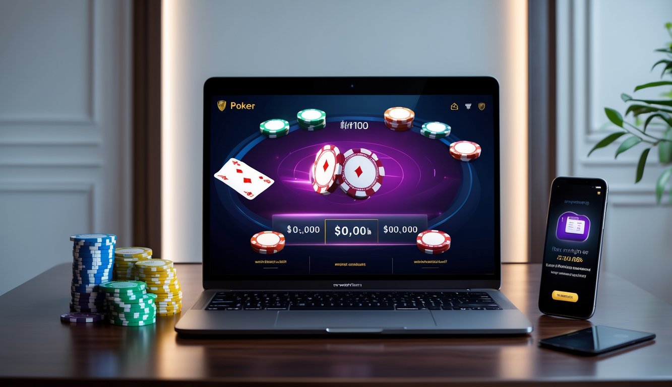 Seorang pemain poker online menggunakan laptop di meja kerja dengan chip poker dan kartu, menunjukkan suasana permainan poker online yang terpercaya dan bonus tinggi.