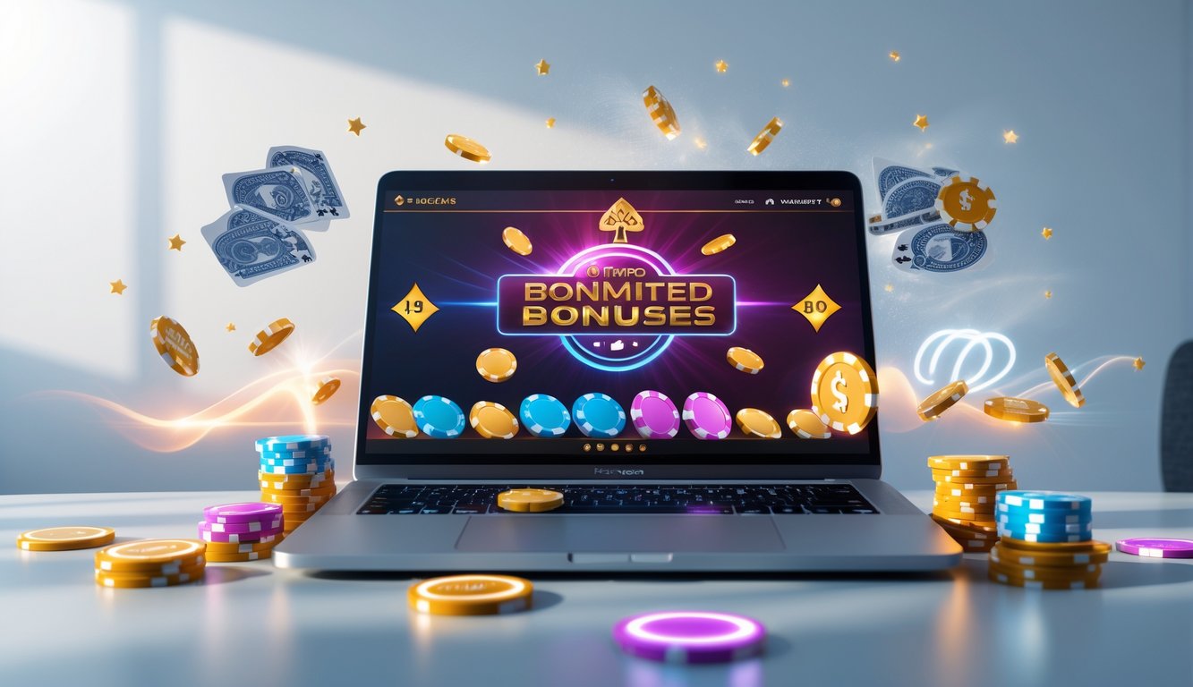Seseorang bermain poker online di depan laptop dengan tumpukan chip poker dan kartu di layar komputer.