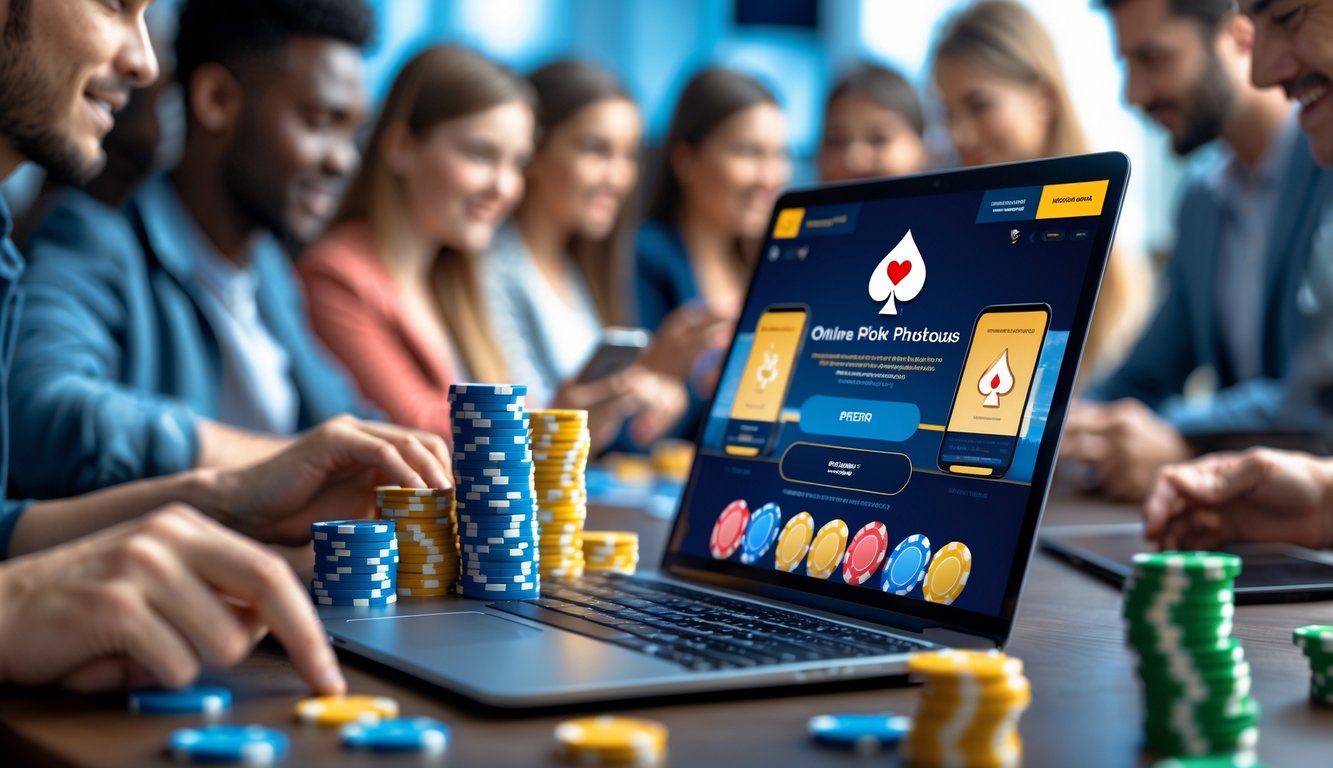 Sejumlah pemain fokus bermain poker online dengan laptop dan perangkat digital, dikelilingi tumpukan chip poker berwarna-warni.