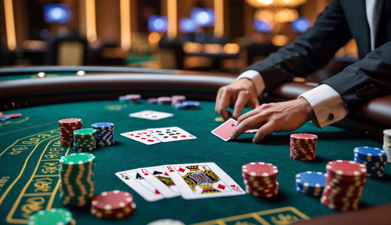 Meja poker dengan chip dan kartu di kasino mewah dengan pencahayaan hangat.