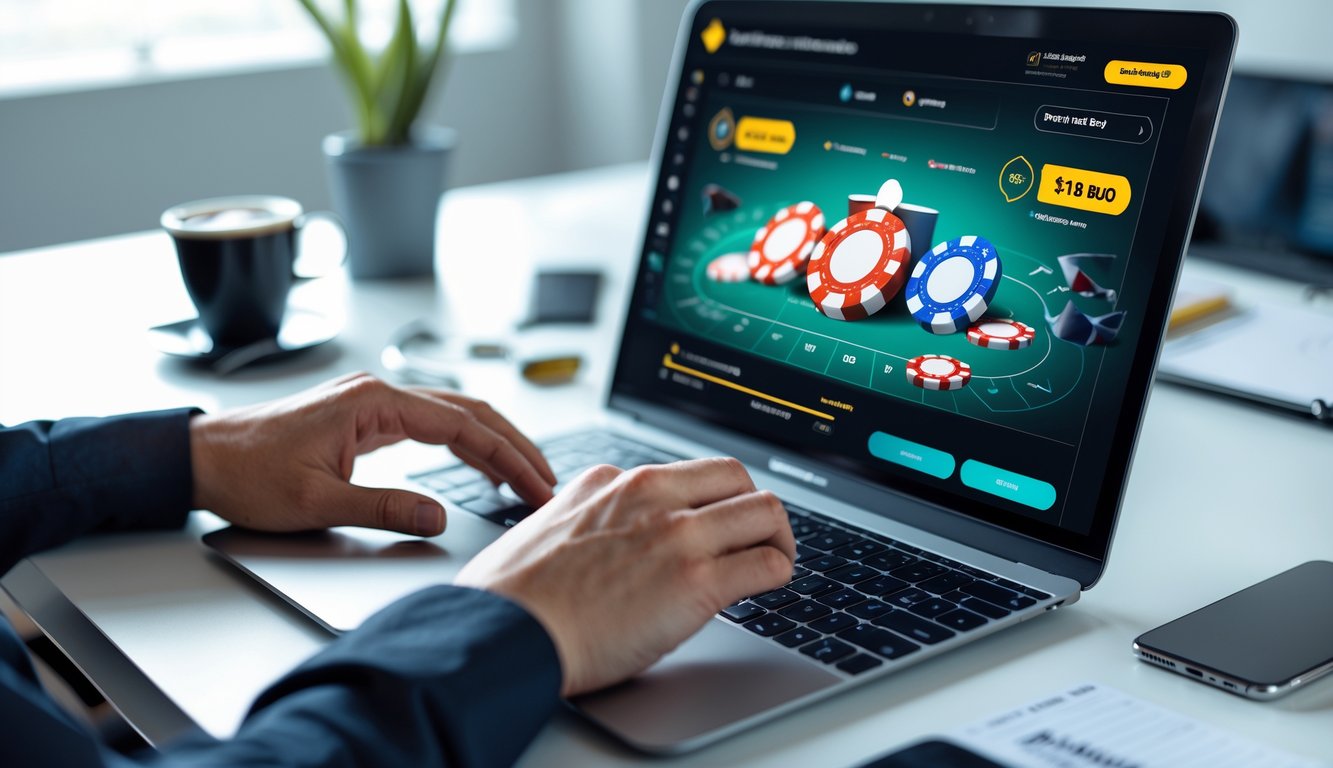 Seseorang bermain poker online di depan komputer dengan tumpukan chip dan kartu, di ruang kerja yang rapi.