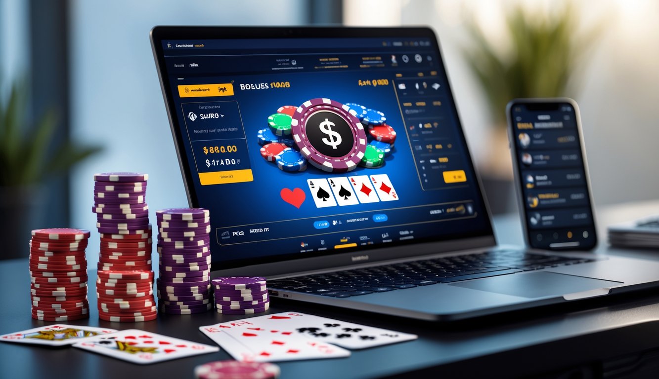 Seorang pemain poker online menggunakan laptop dengan tumpukan chip dan kartu poker di meja, menunjukkan suasana permainan poker dengan bonus harian.