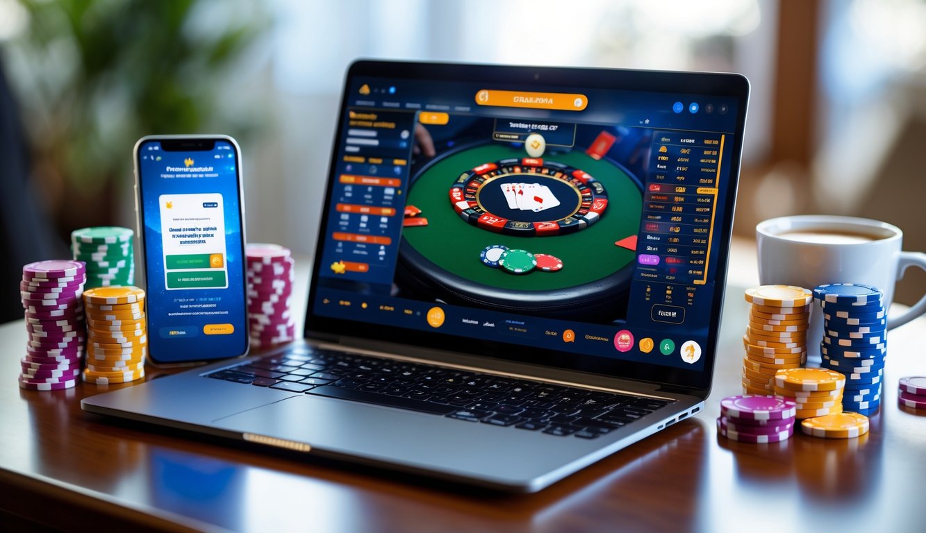 Seorang pemain poker online menggunakan laptop dengan tumpukan chip poker dan kartu di meja, suasana nyaman di ruang kerja rumah.