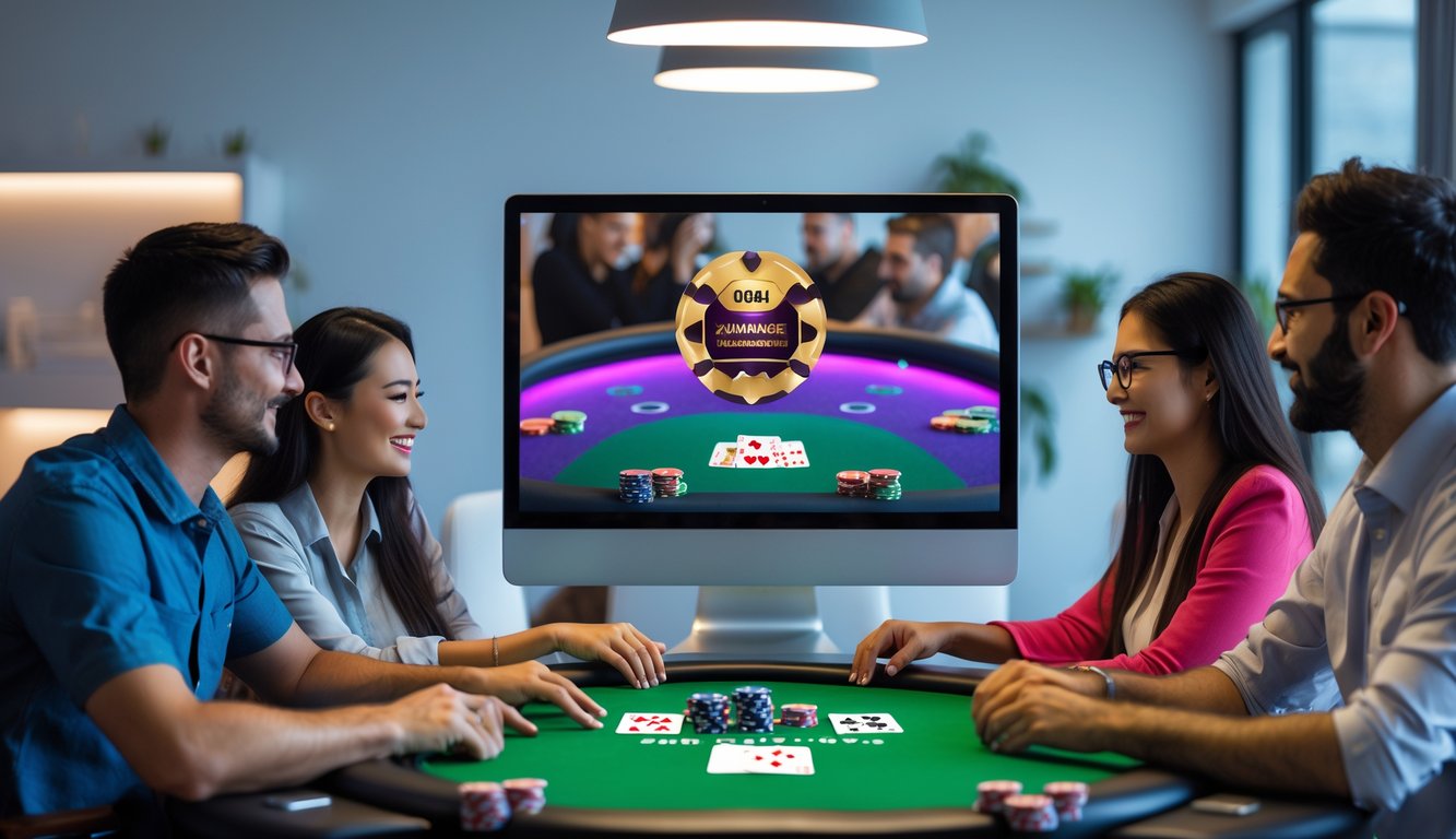 Sekelompok orang bermain poker online di depan layar komputer di ruangan modern dengan suasana cerah dan profesional.