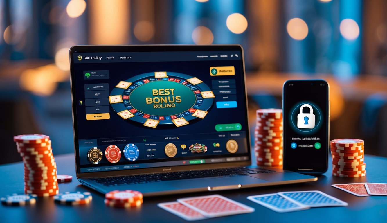Seorang pria menggunakan laptop dengan permainan poker online di layar, di meja terdapat chip poker dan kartu, serta ponsel dengan ikon keamanan transaksi.