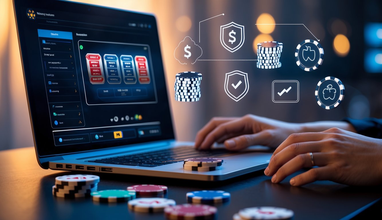 Seseorang menggunakan laptop dengan tampilan permainan poker online, dikelilingi oleh simbol cashback dan ikon keamanan pembayaran.