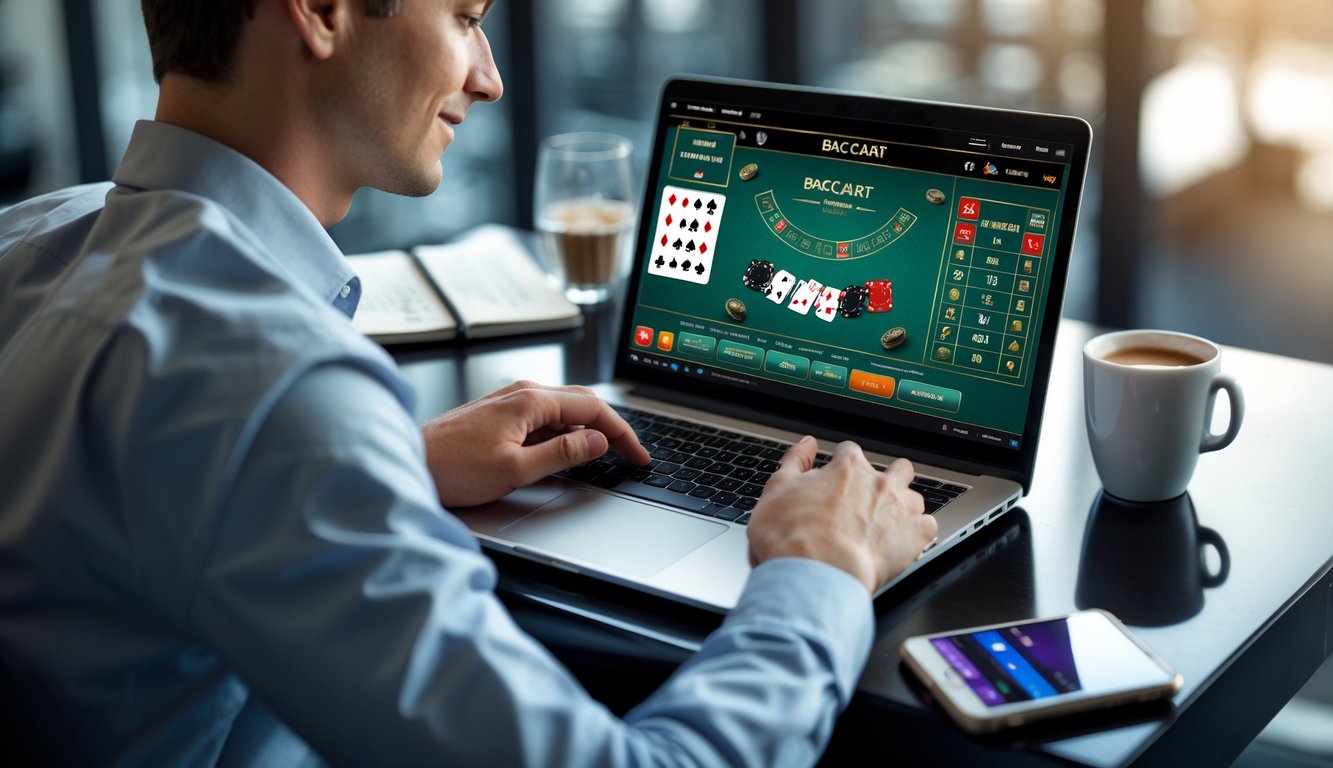 Seorang pria muda fokus bermain baccarat online di laptop di meja kasino modern dengan suasana tenang.