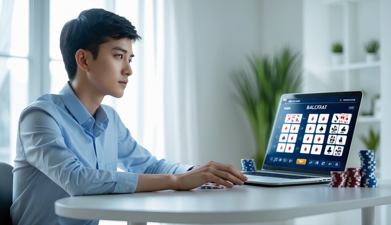 Seorang dewasa muda duduk di depan laptop yang menampilkan permainan baccarat online, dengan chip poker dan kartu bermain di meja, terlihat fokus dan tenang.