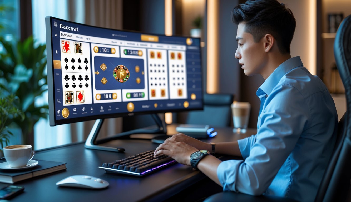 Seorang pemain muda duduk di depan komputer dengan layar menampilkan permainan baccarat online, di ruang kerja yang rapi dan nyaman.