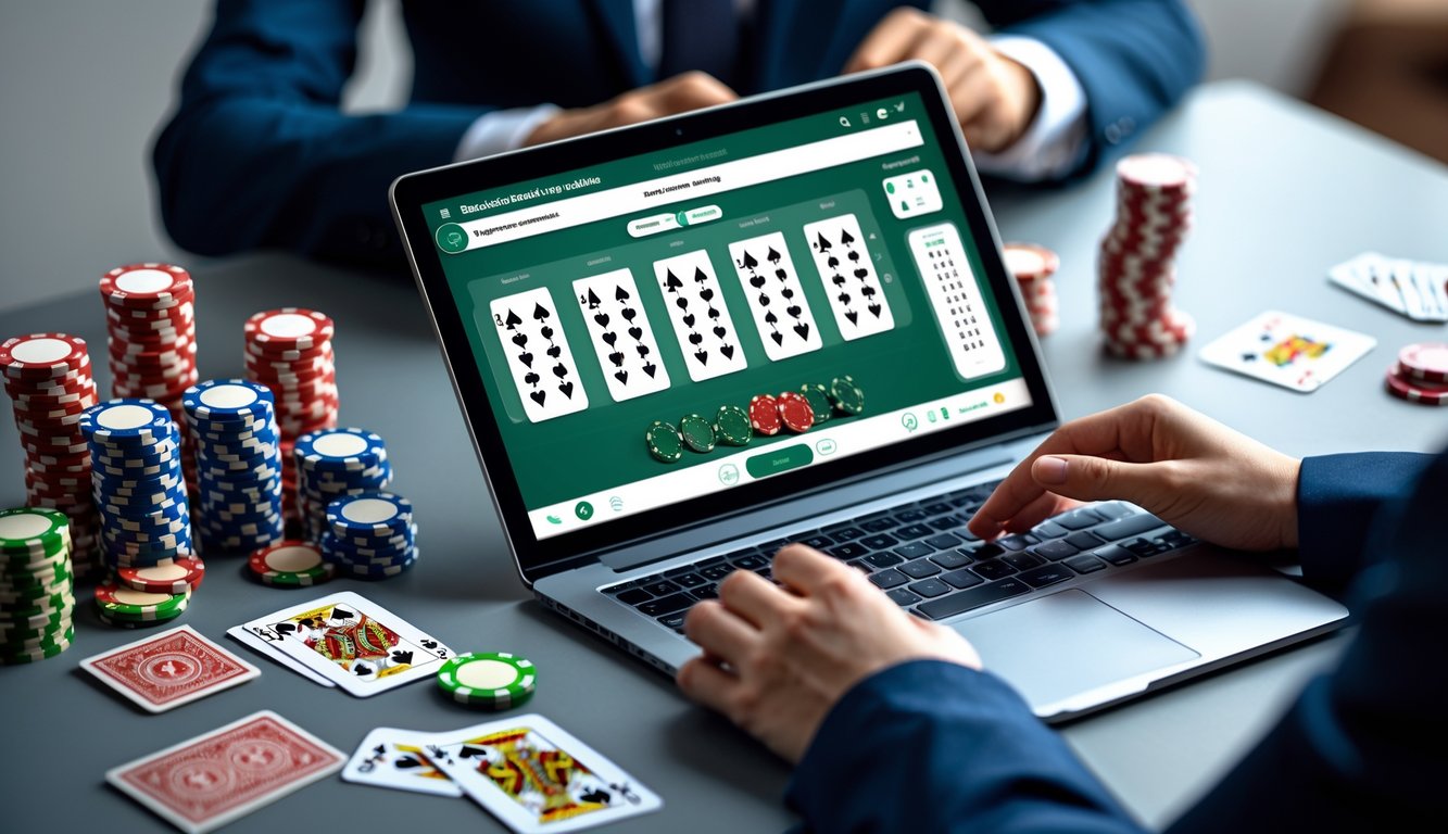 Seseorang bermain baccarat online menggunakan laptop dengan kartu dan chip kasino di meja.
