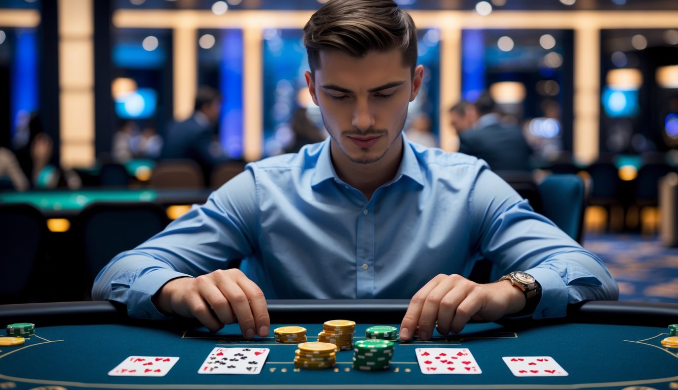 Seorang pria muda duduk di meja kasino dengan kartu dan chip baccarat, terlihat fokus dan tenang.