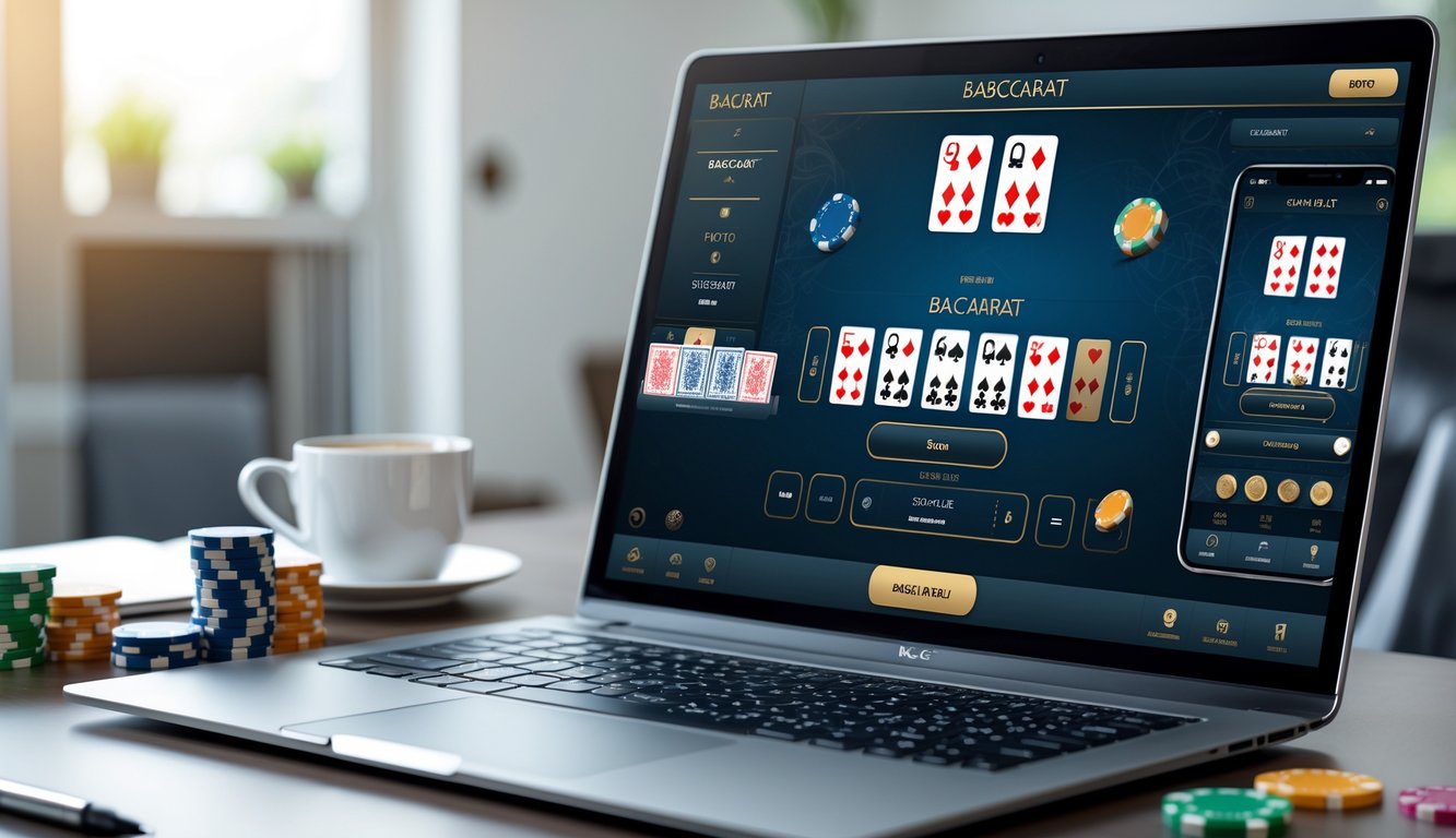Seorang pemain baccarat online sedang menggunakan laptop dan smartphone dengan tumpukan chip poker di meja dalam suasana ruang kerja yang rapi.