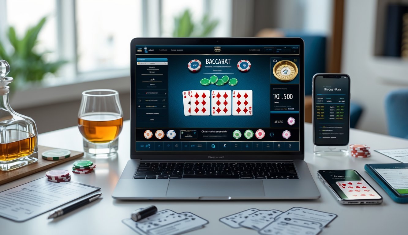 Seorang pemain menggunakan laptop untuk bermain baccarat online dengan kartu dan chip di meja serta catatan strategi di sekitarnya.