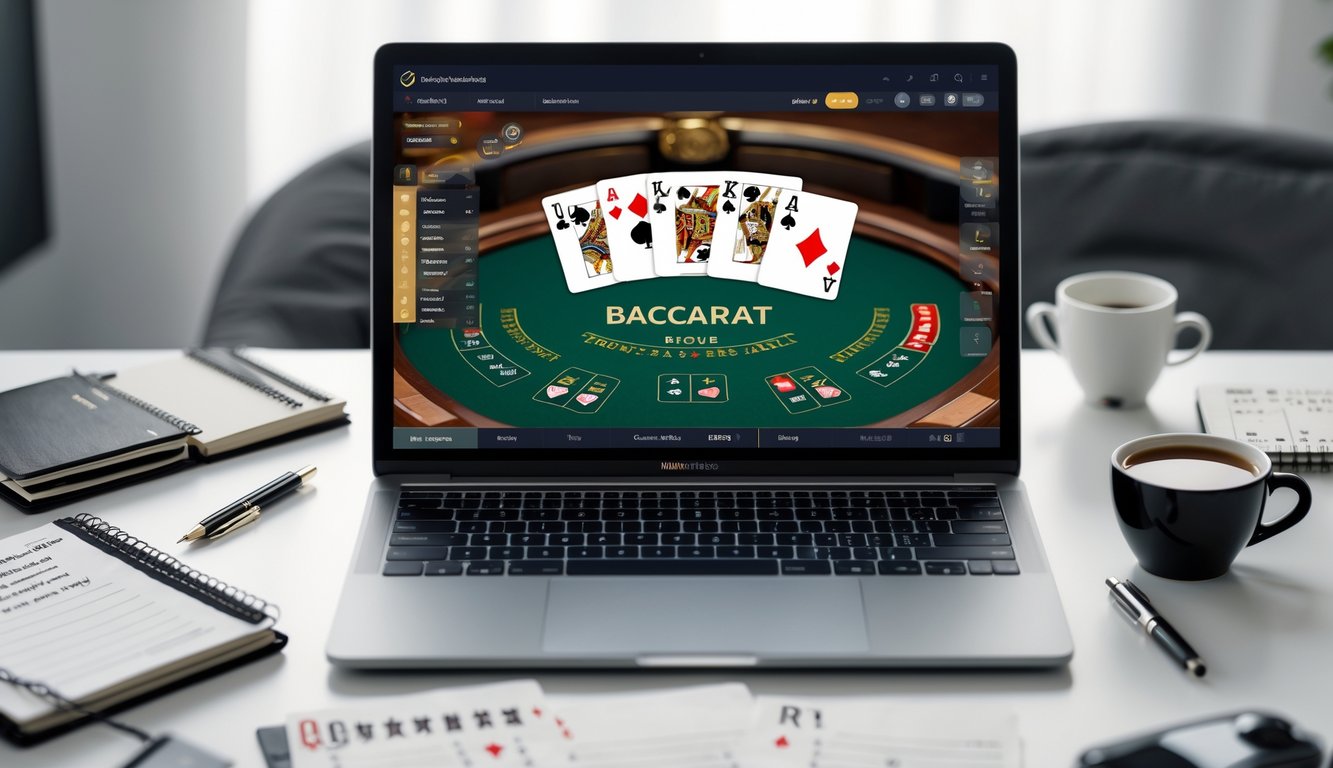 Seorang pemain sedang menggunakan komputer dengan permainan baccarat online di layar, dikelilingi oleh buku catatan dan alat tulis di atas meja.