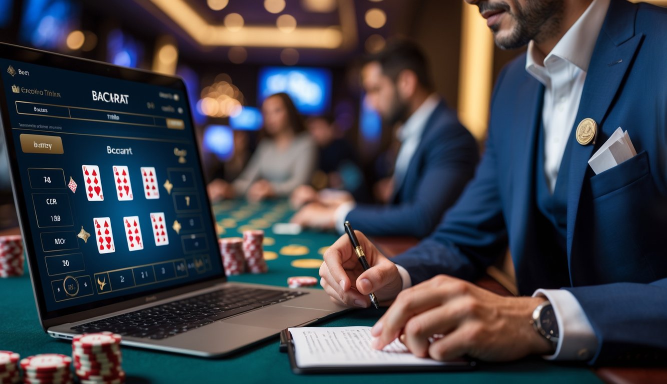 Seorang pemain profesional sedang fokus menganalisis permainan baccarat online di depan laptop dengan kartu dan chip terlihat jelas.