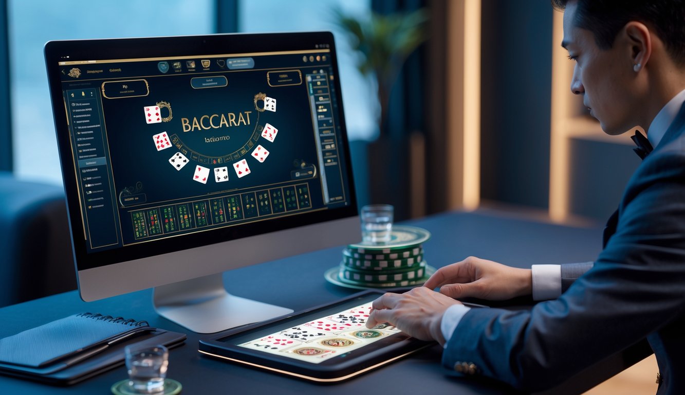 Seorang pemain profesional sedang fokus bermain baccarat online di depan komputer dengan catatan strategi di meja.