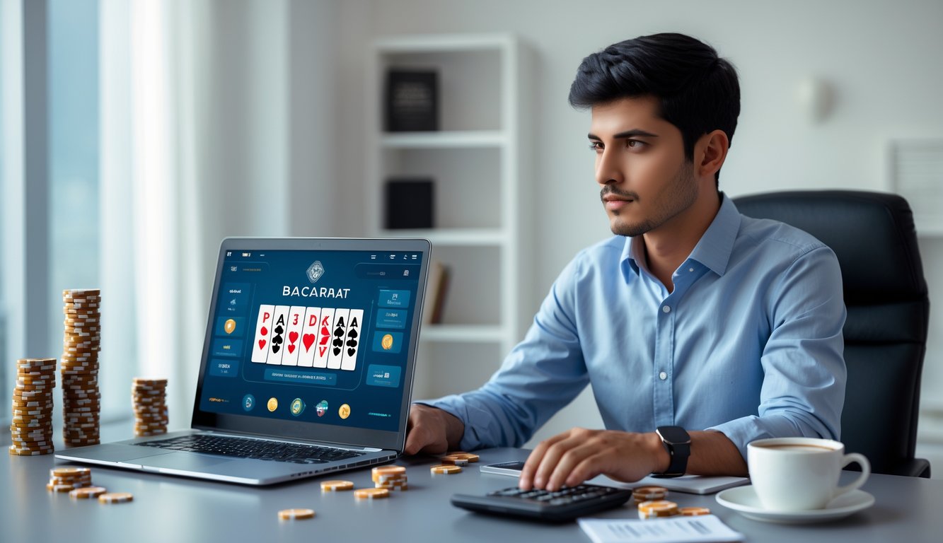 Seorang pria muda duduk di meja dengan laptop yang menampilkan permainan baccarat online, dikelilingi oleh tumpukan chip poker, kalkulator, dan buku catatan.