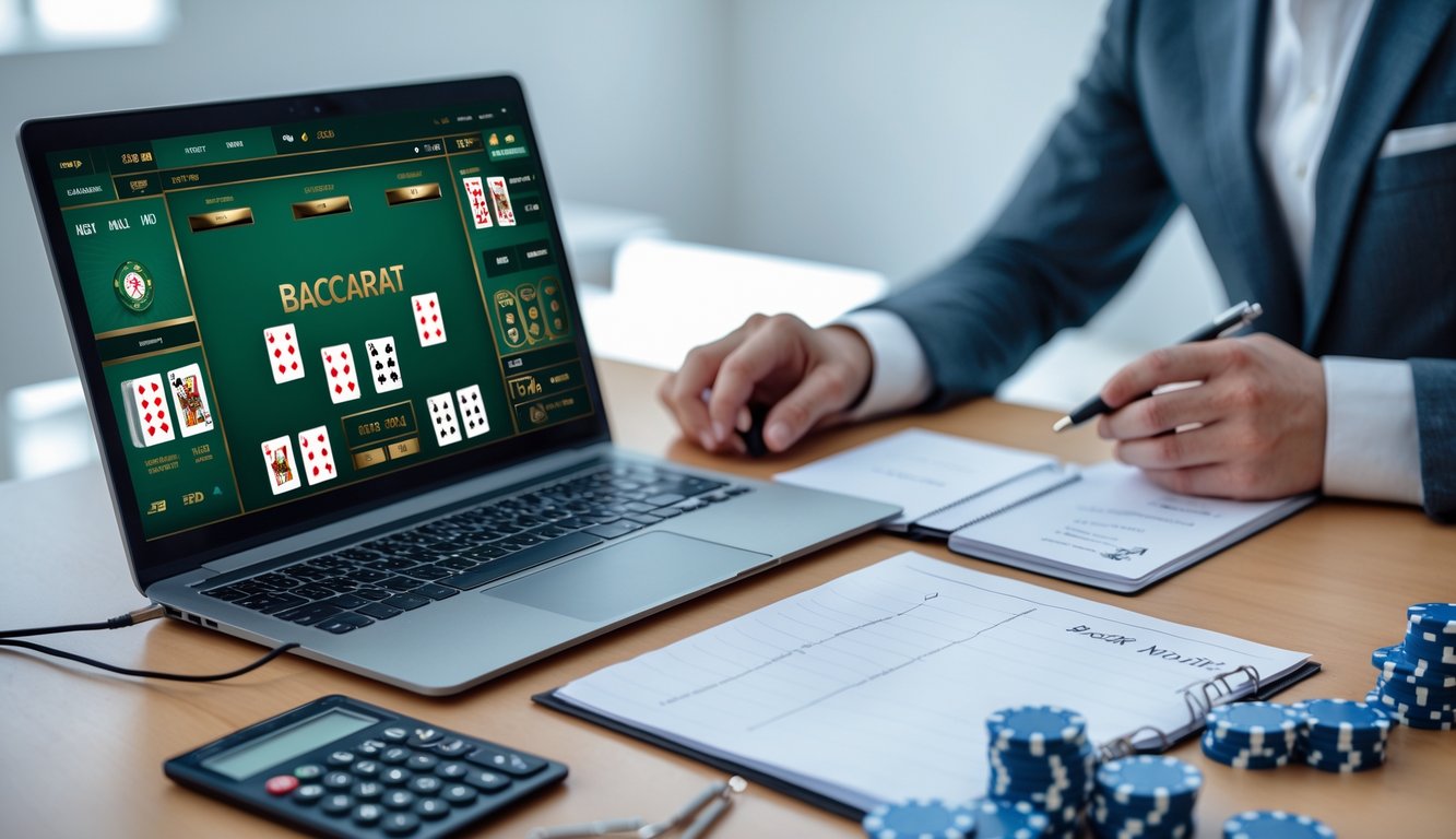 Seorang pria duduk di depan komputer dengan tampilan permainan baccarat online dan alat manajemen uang seperti kalkulator dan catatan di meja.