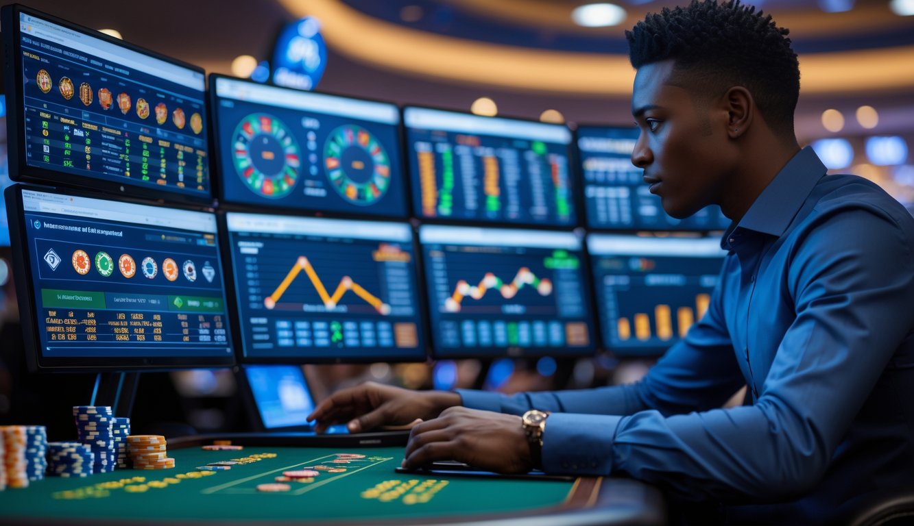 Seseorang sedang fokus menganalisis pola permainan baccarat online di depan beberapa layar komputer di lingkungan kasino.