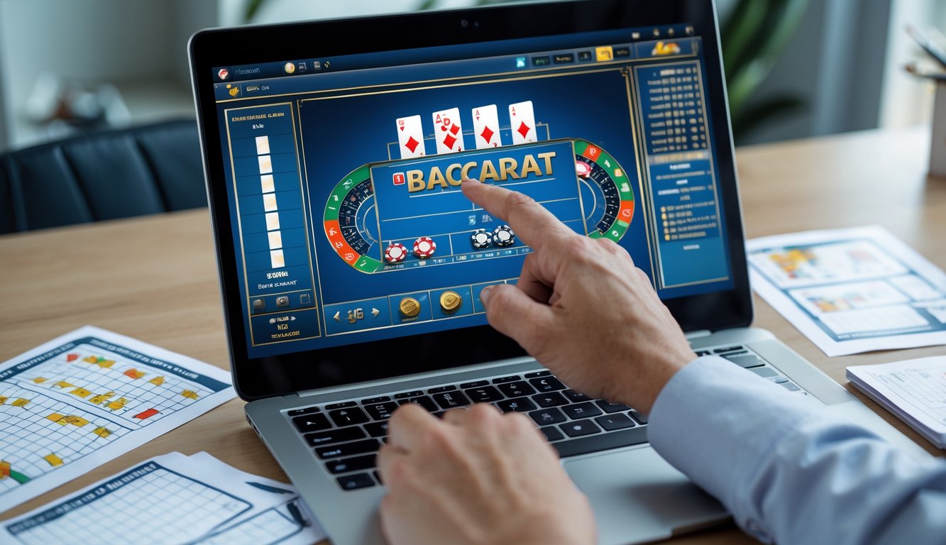 Seseorang sedang menggunakan komputer dengan permainan baccarat online di layar, sambil menganalisis pola permainan dengan catatan dan grafik di sekitar meja kerja.