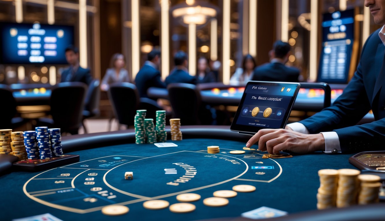 Seorang pemain fokus di meja baccarat online dengan kartu dan chip, menggunakan tablet untuk bermain di kasino langsung.