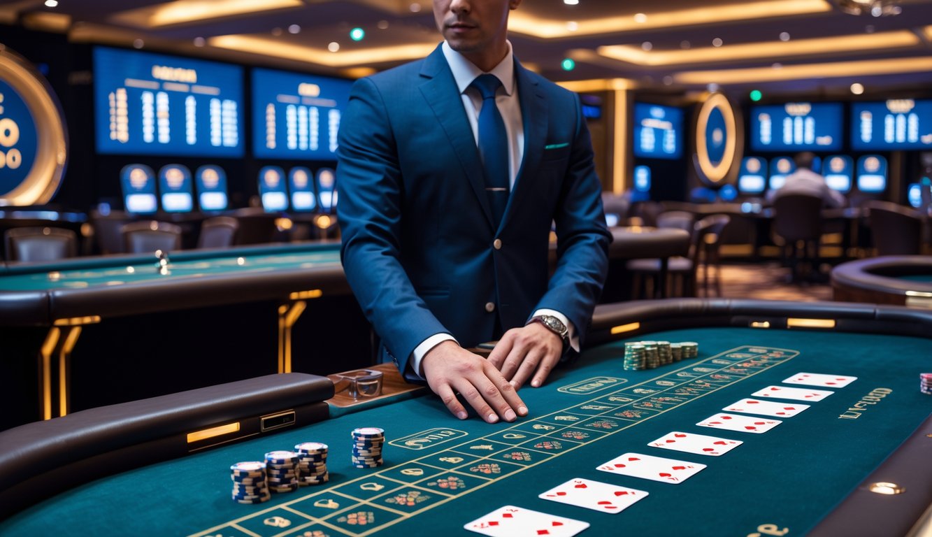 Meja permainan baccarat online dengan dealer yang sedang membagikan kartu di kasino langsung.