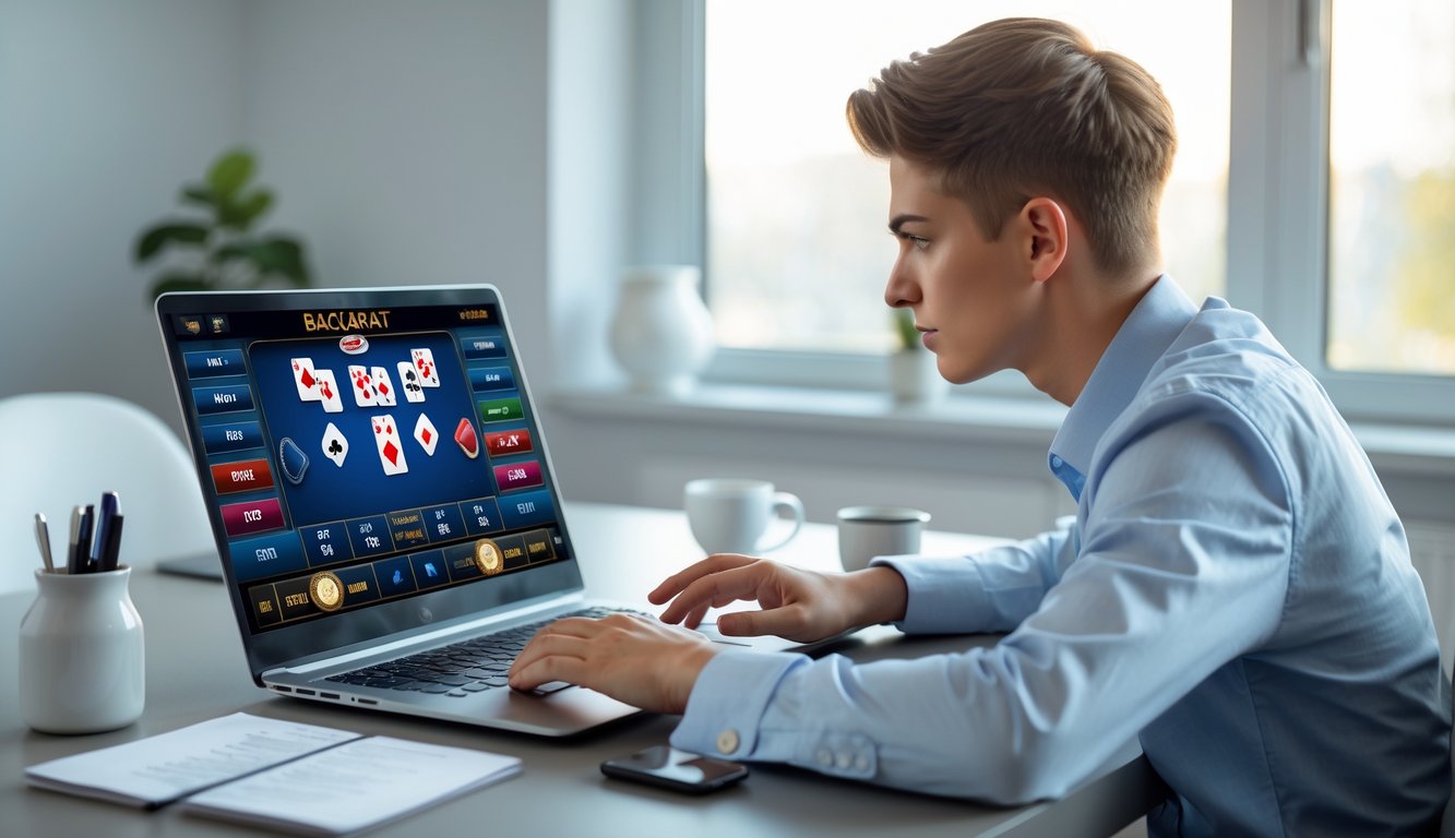 Seseorang duduk di meja dengan laptop yang menampilkan permainan baccarat online, di sekitar meja terdapat catatan dan secangkir kopi.