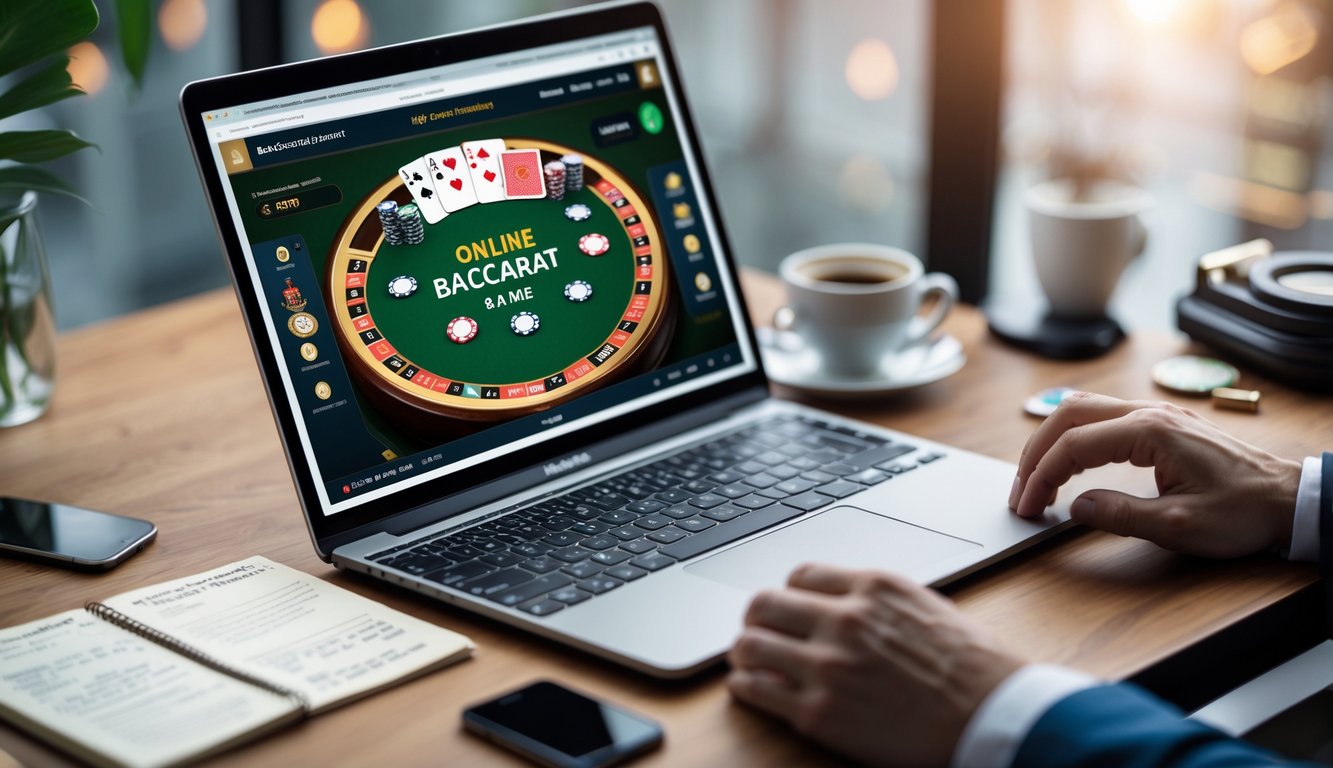 Seorang pemain sedang belajar permainan baccarat online dengan komputer, kartu, dan catatan di meja.