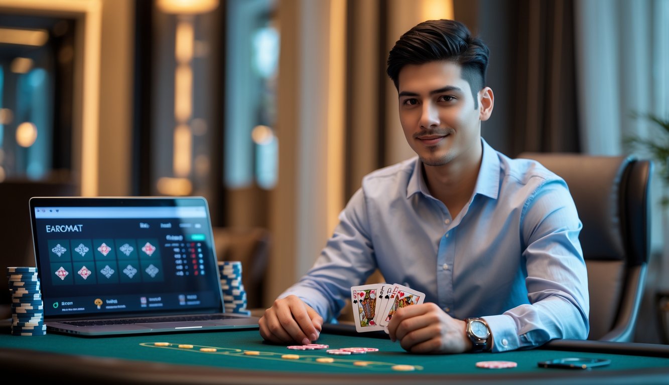 Seorang pria muda duduk di meja permainan dengan kartu dan chip poker, fokus pada permainan baccarat online.
