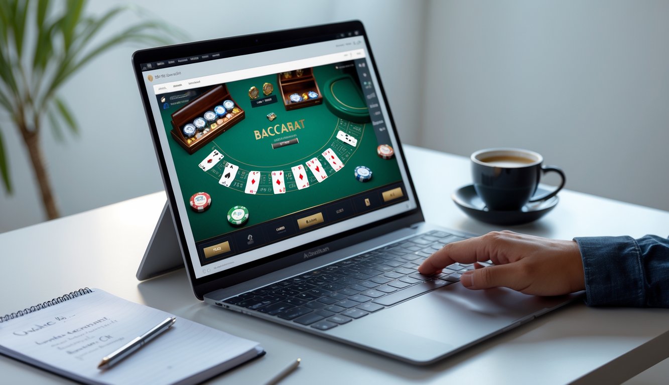 Seorang pemain sedang menggunakan laptop untuk bermain baccarat online dengan catatan dan alat tulis di meja.